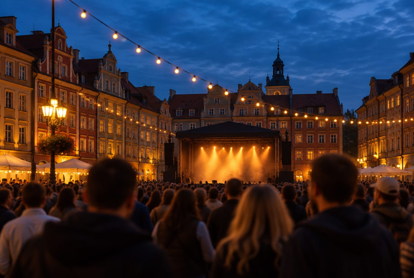 Scena plenerowa na rynku miasta o zmierzchu